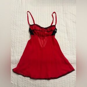 Y2K Victoria’s Secret Silk Chiffon Red Black Lace Milkmaid Slip Dress Chemise
